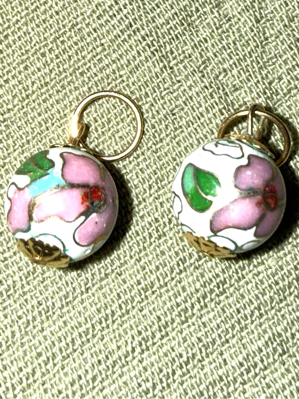 Vintage 14kt Cloisonné Floral Pink and Green Drop ball for earrings or chain